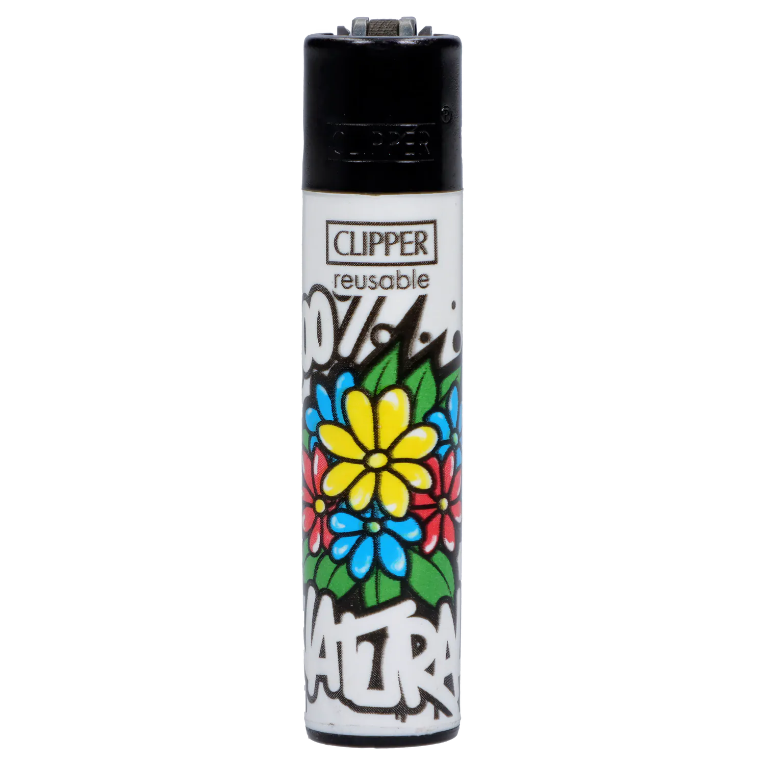 Close-up front view of a white Clipper Lighter Urban Flowers 48/tray showing a black top and colorful yellow, blue, and red flower graphics.