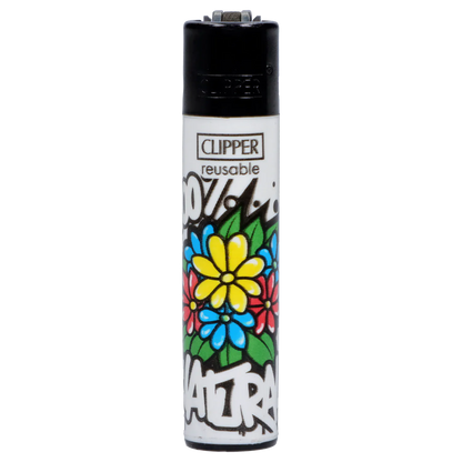 Close-up front view of a white Clipper Lighter Urban Flowers 48/tray showing a black top and colorful yellow, blue, and red flower graphics.