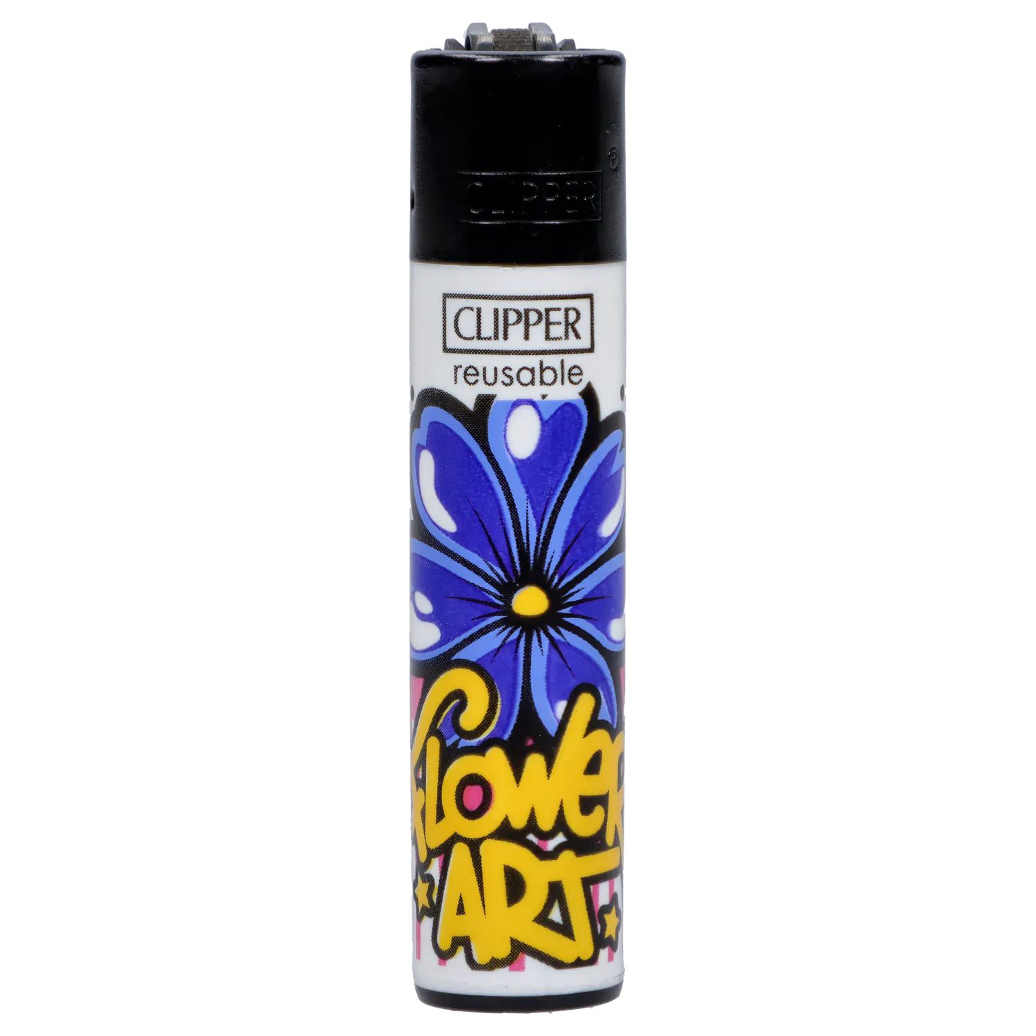 Close upright view of a white Clipper Lighter Urban Flowers 48/tray showing a black top, a blue flower motif and yellow "Flower Art" graffiti on the body.