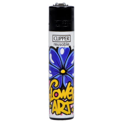 Close upright view of a white Clipper Lighter Urban Flowers 48/tray showing a black top, a blue flower motif and yellow "Flower Art" graffiti on the body.