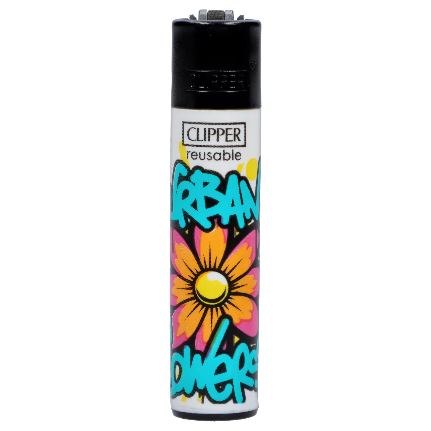 Straight-on view of a white Clipper Lighter Urban Flowers 48/tray with a black top and bright graffiti-style blue text and orange daisy artwork.