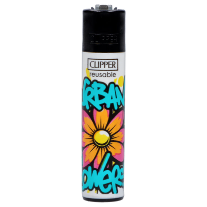 Straight-on view of a white Clipper Lighter Urban Flowers 48/tray with a black top and bright graffiti-style blue text and orange daisy artwork.