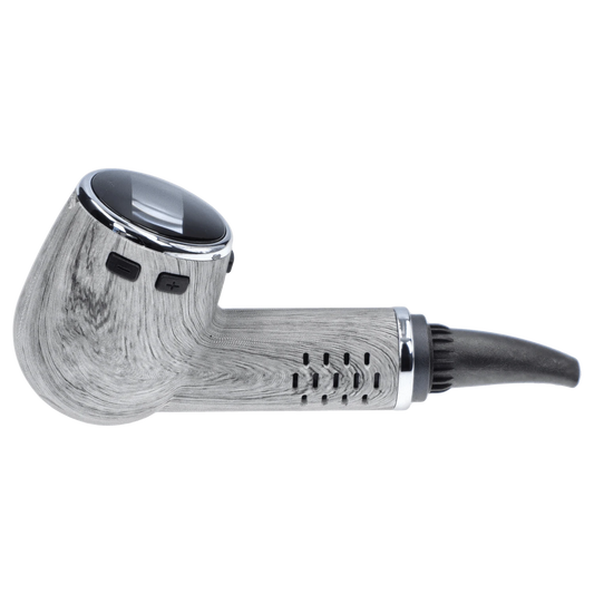 A side view of the grey Cipher Nautilus Dry Herb Vaporizer, showcasing its sleek, cylindrical shape and metallic accents.