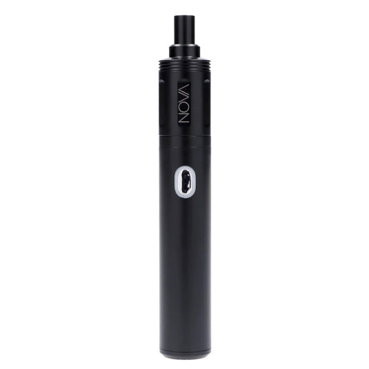 Front view of the black Cipher NOVA dry herb vaporizer, shown in a studio lighting setup.