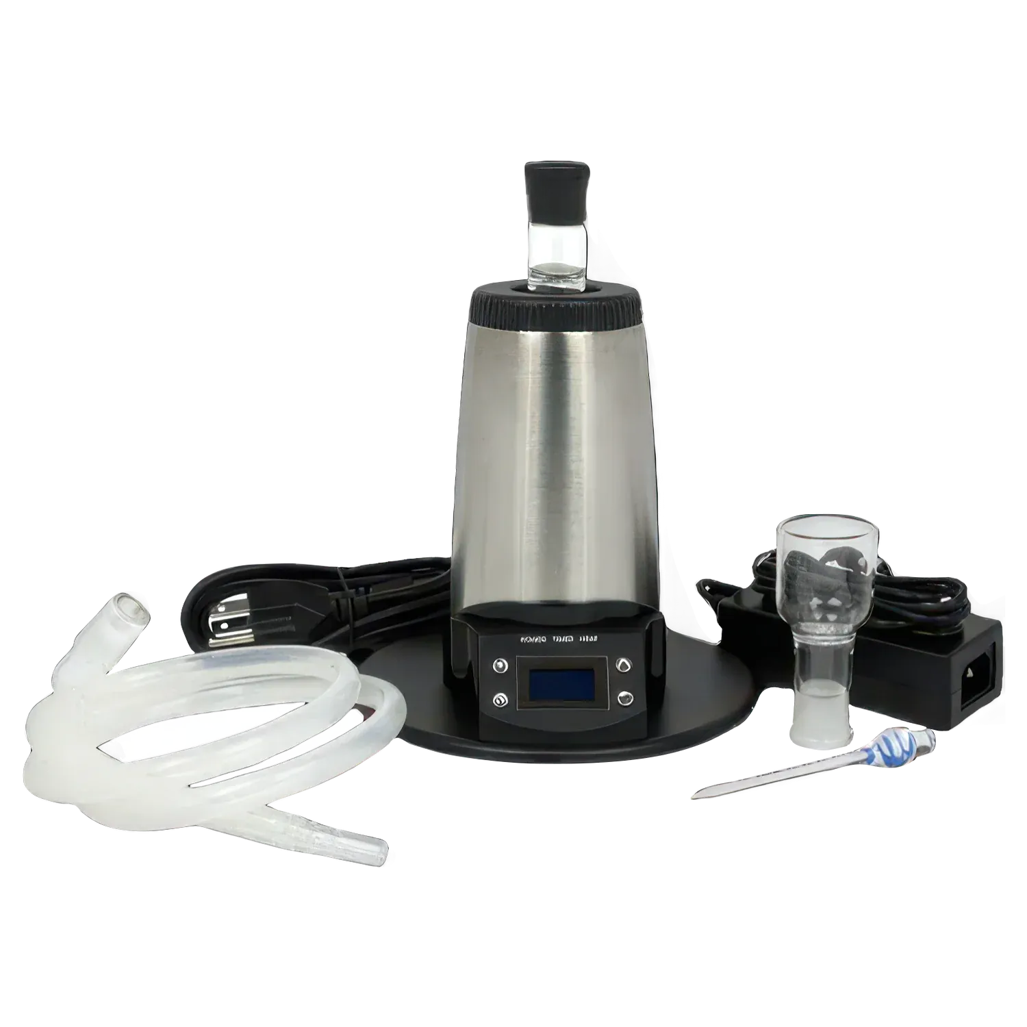 Front view of the stainless Arizer V-Tower Desktop Vaporizer on its black base with hose, glass pieces, cord, and dab tool.
