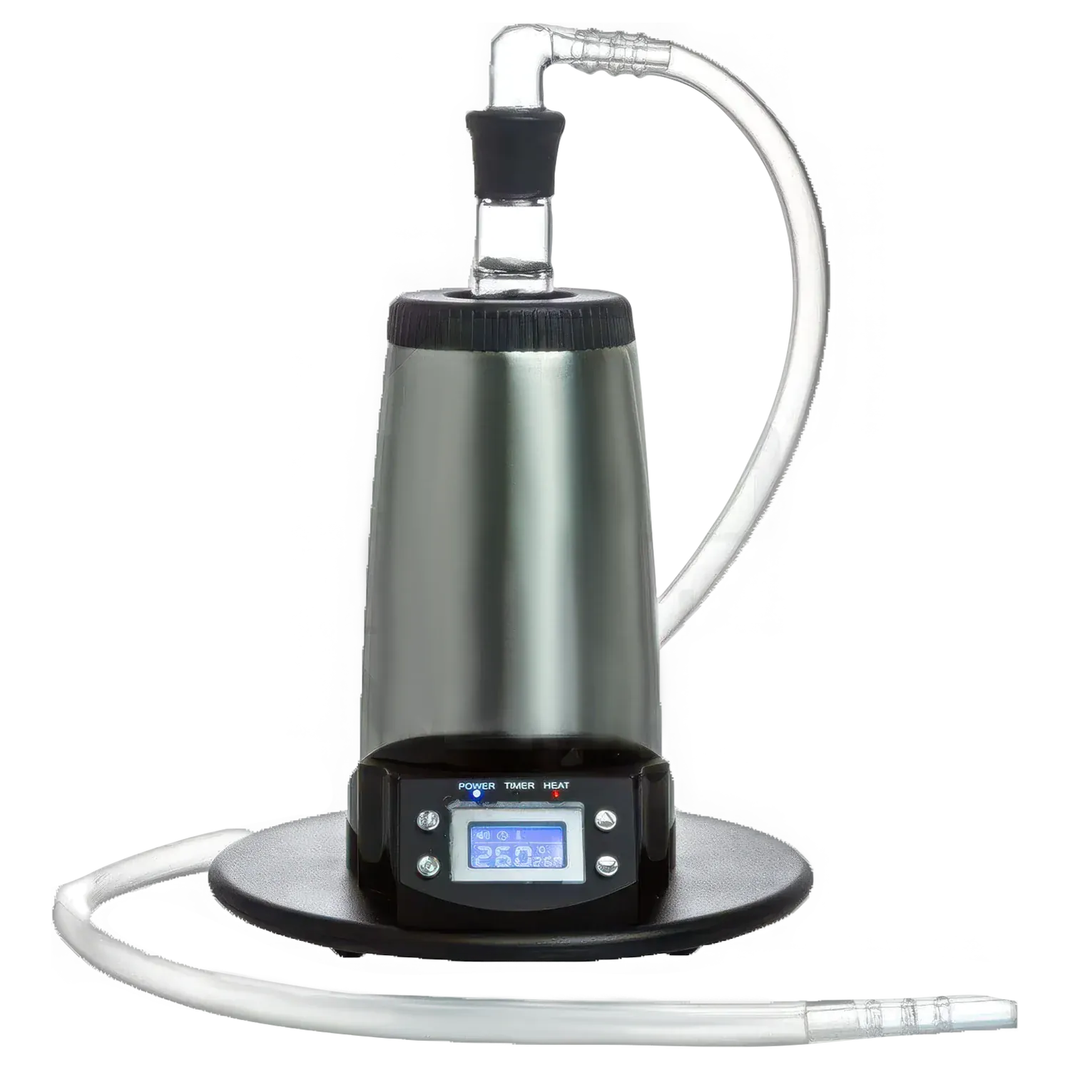 Front three-quarter view of the silver Arizer V-Tower Desktop Vaporizer showing its digital control panel and curved clear whip.