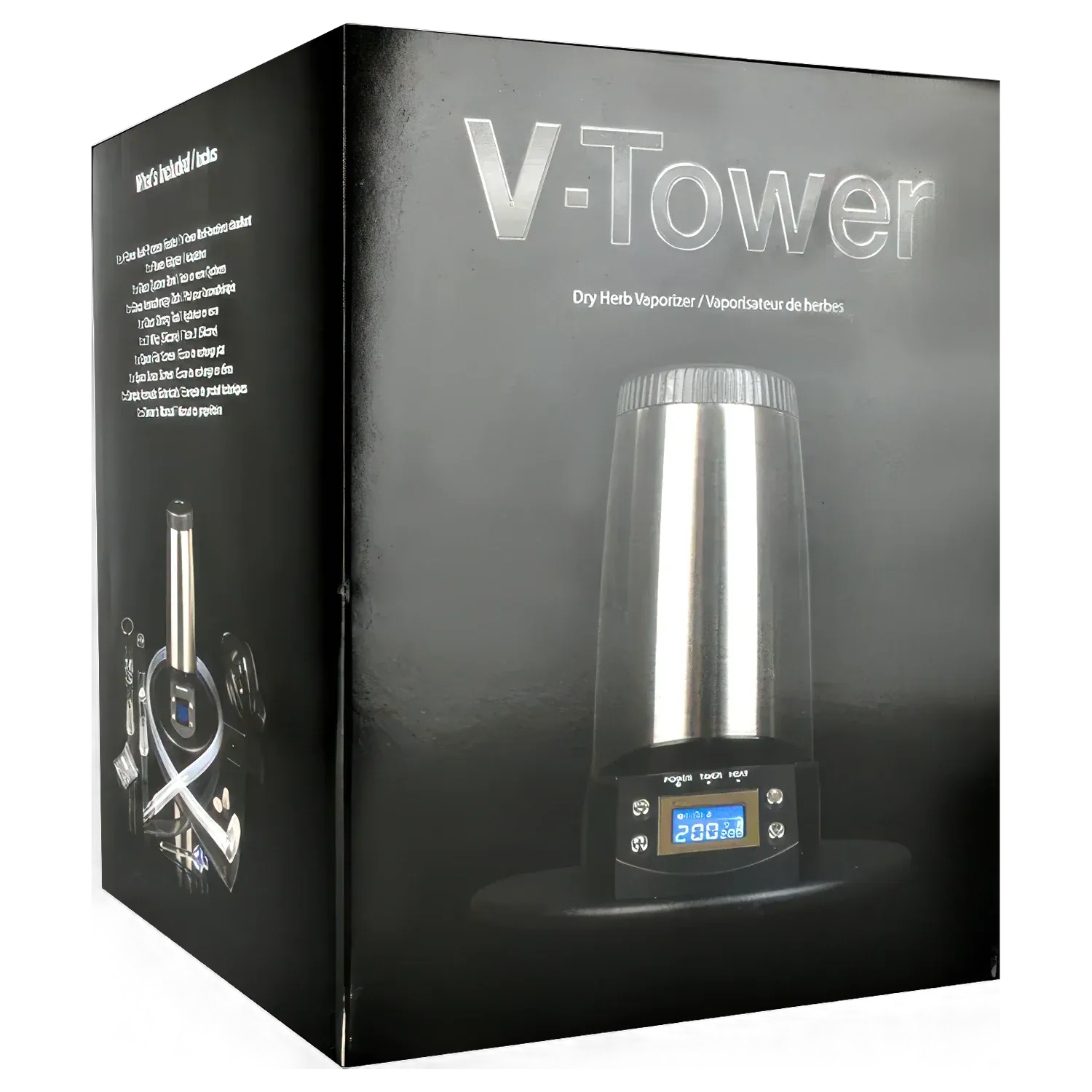 Three-quarter view of the black boxed Arizer V-Tower Desktop Vaporizer showing the stainless steel chamber and blue-lit digital display.