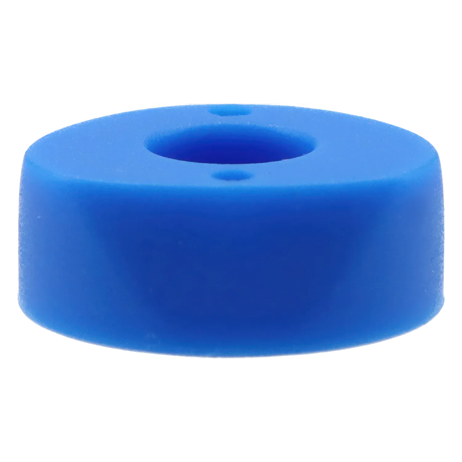 Close-up front view of the bright blue Famous X Wraith Vaporizer Silicone Mouthpiece Attachment showing its rounded donut shape and central bore.