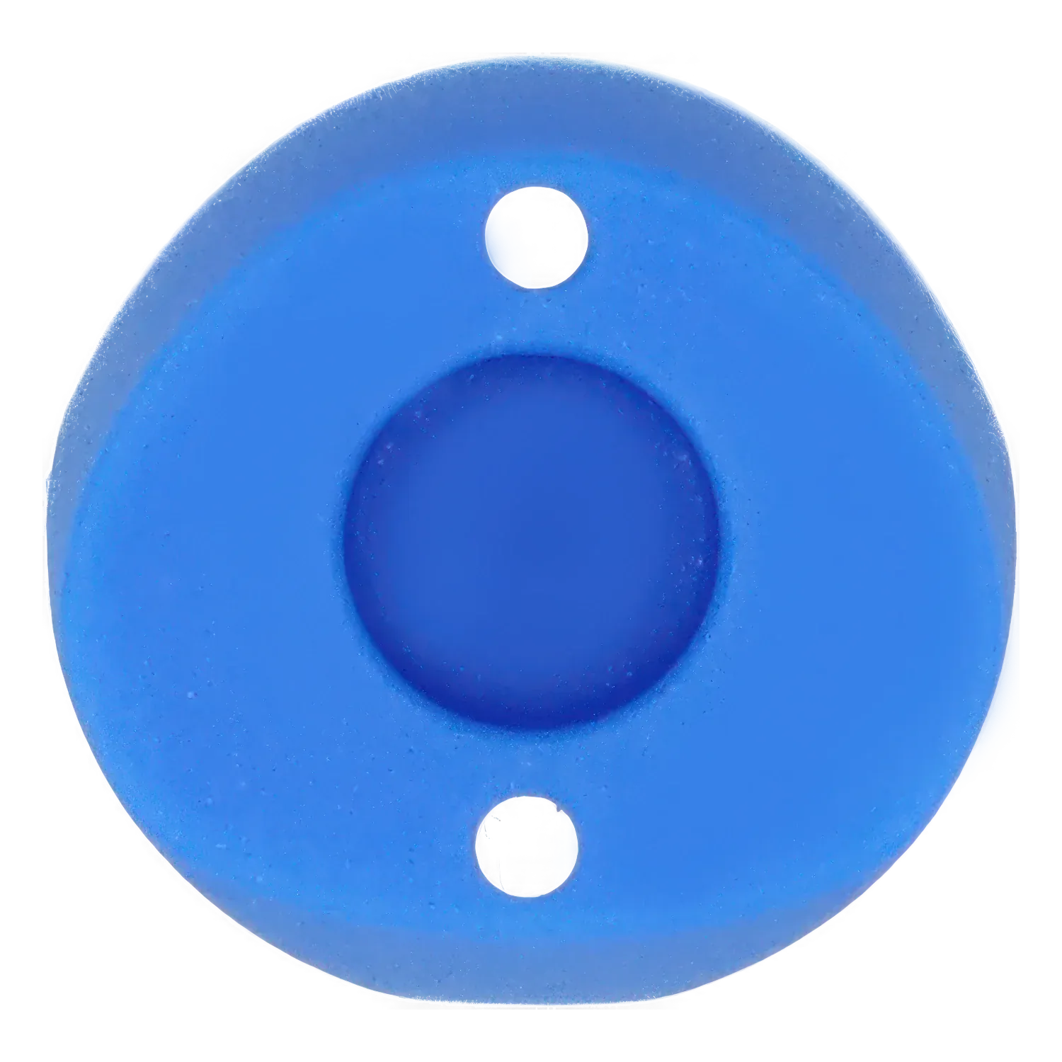 Top-down close-up of the bright blue Famous X Wraith Vaporizer Silicone Mouthpiece Attachment showing its circular recessed center and two small alignment holes.