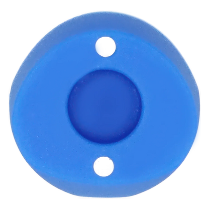 Top-down close-up of the bright blue Famous X Wraith Vaporizer Silicone Mouthpiece Attachment showing its circular recessed center and two small alignment holes.