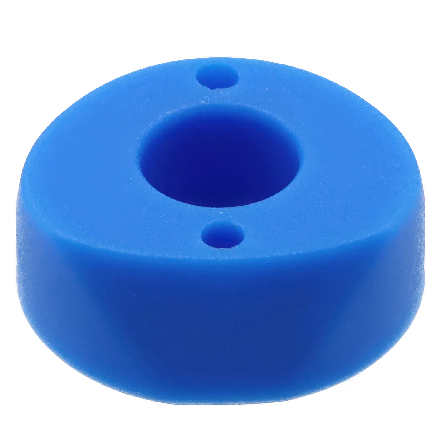Close-up angled view of the bright blue Famous X Wraith Vaporizer Silicone Mouthpiece Attachment showing its circular central bore and two small vent holes.
