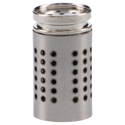 Close-up frontal view of the stainless steel Valkyrie Vaporizer Herb Pod showing its perforated cylindrical body and threaded top.