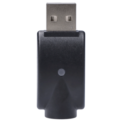 Close-up front view of the black Atman USB charger showing its metal USB plug and rectangular plastic body against a plain background.