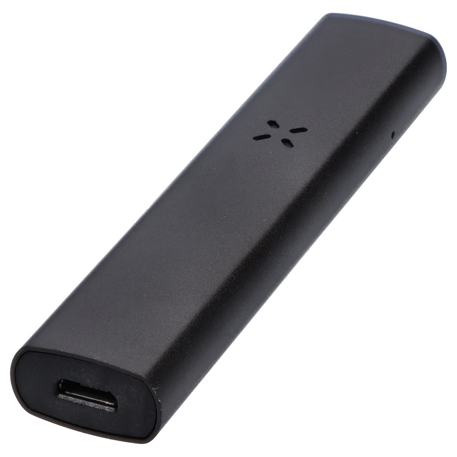 A close-up, angled view of the black Pax Era Concentrate Vaporizer, showcasing its sleek, minimalist design.