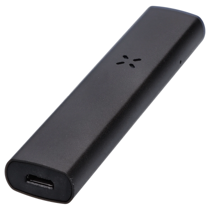 A close-up, angled view of the black Pax Era Concentrate Vaporizer, showcasing its sleek, minimalist design.