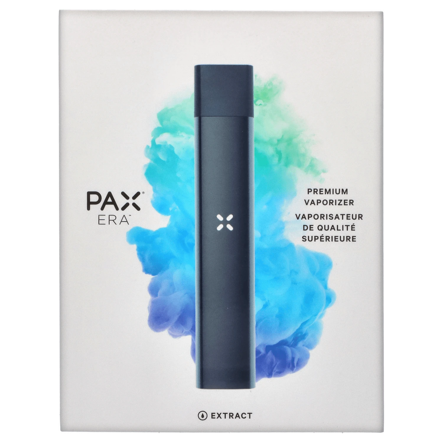 Front view of the Pax Era Concentrate Vaporizer against a swirling blue background, highlighting its sleek, metallic design.