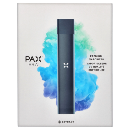 Front view of the Pax Era Concentrate Vaporizer against a swirling blue background, highlighting its sleek, metallic design.