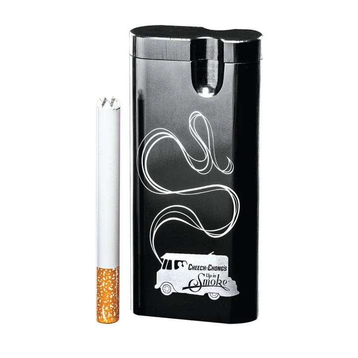 A close-up, angled view of the C&C Dugout-Mixed, showing a partially smoked cigarette resting within its dark-colored casing.