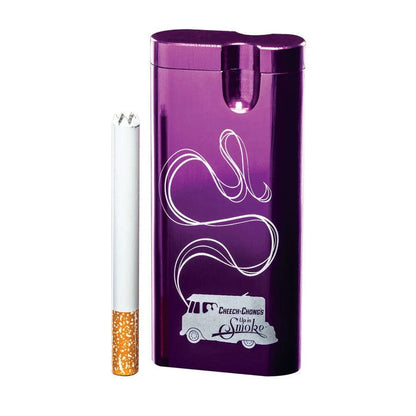 A close-up, angled view of the C&C Dugout-Mixed with a partially smoked joint inserted, against a plain white background.