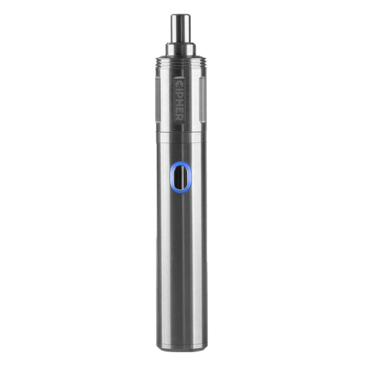 Front view of the silver Cipher NOVA dry herb vaporizer, showcasing its sleek, cylindrical shape against a plain white background.
