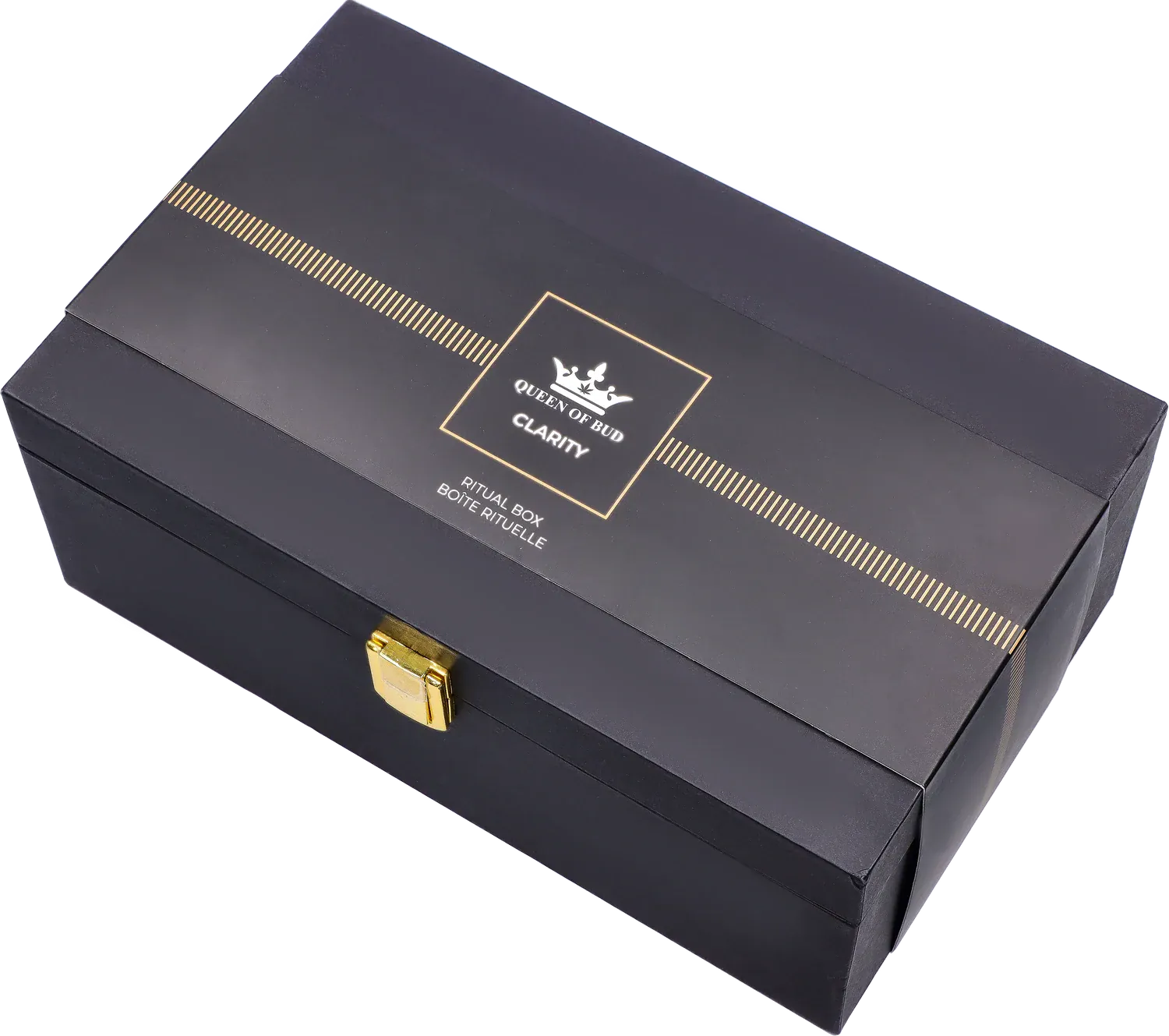 Angled top view of the black Queen of Bud: Clarity Ritual Box – Candle, Zippo, and Crystal with gold stripe detailing and a small gold latch.