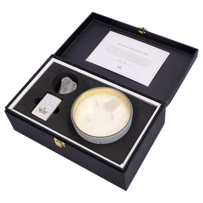 Angled top view of the Queen of Bud: Clarity Ritual Box – Candle, Zippo, and Crystal neatly arranged in a black presentation box with a three-wick candle, crystal piece, decorative lighter, and information card.