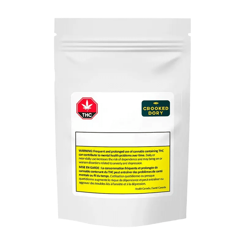 Crooked Dory Sherbanger packaging displays warning text with a red THC symbol, presented against a dark gray background.