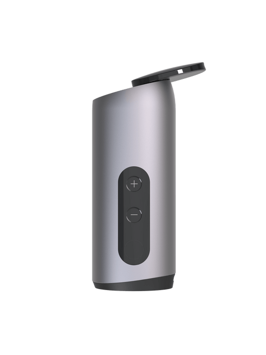 Front view of the Celsius Herb Vaporizer - Gun Metal, showcasing its sleek, cylindrical shape on a neutral background.