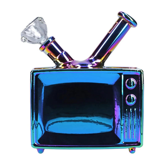 Front view of the DHC Originals TV Water Pipe, a uniquely shaped, dark glass piece with a rounded top and simple base.