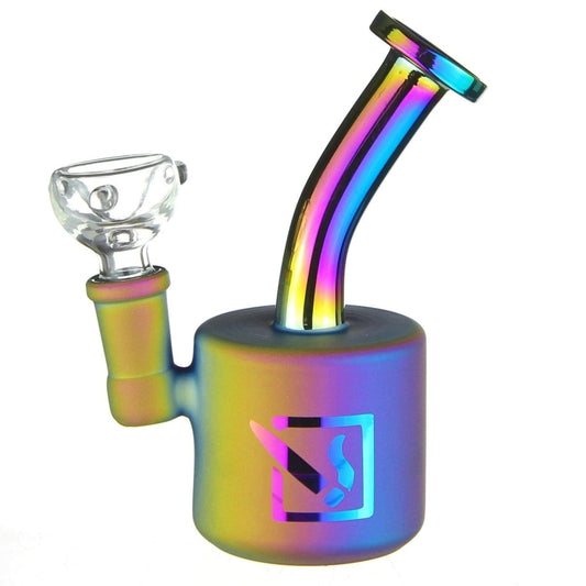 A close-up, angled view of the 5-inch DHC Originals Portable Puck Water Pipe, showcasing its colorful glass design.