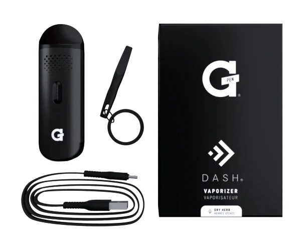 Close-up of the G Pen Dash Dry Herb Vaporizer against a black background with its charging cable beside it.