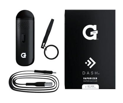 Close-up of the G Pen Dash Dry Herb Vaporizer against a black background with its charging cable beside it.