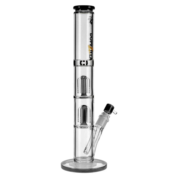 Front view of the 16-inch Dopezilla Hydra Water Pipe in black, displaying its clear glass construction and multi-chamber design.
