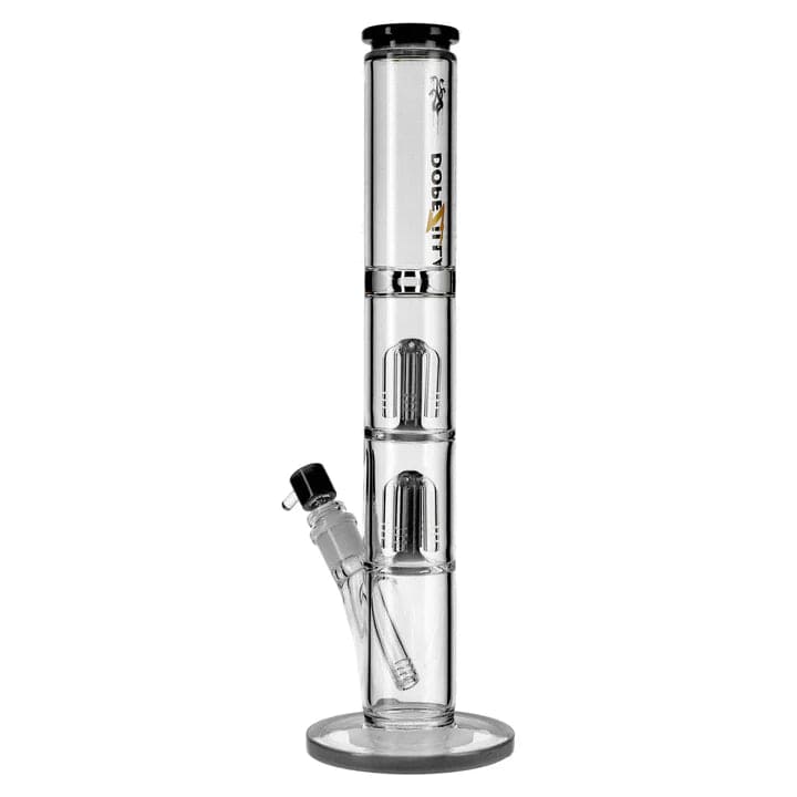 A studio shot of the 16-inch Dopezilla Hydra Water Pipe in black, showcasing its tall, sleek form and clear glass accents.