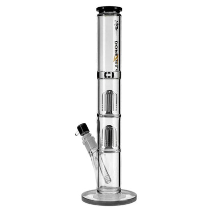A studio shot of the 16-inch Dopezilla Hydra Water Pipe in black, showcasing its tall, sleek form and clear glass accents.