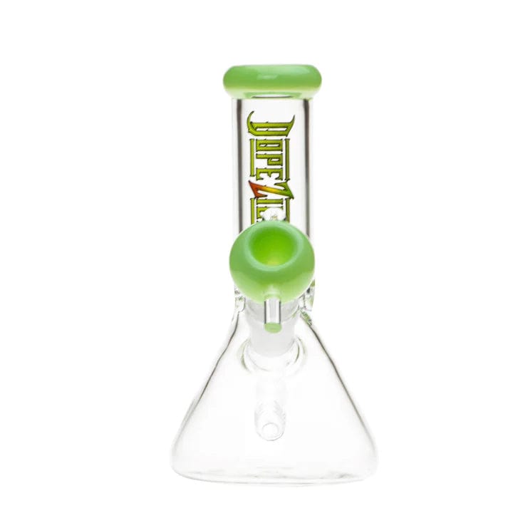 A front view of the 7-inch Dopezilla Lil Zilla Water Pipe in mint green, showcasing its classic beaker shape and clear glass construction.