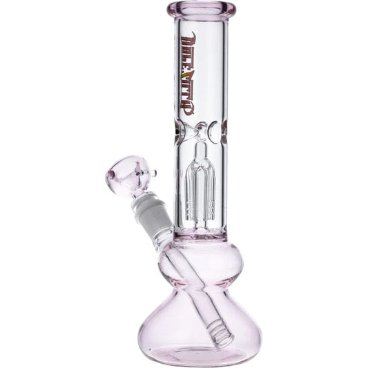 A studio shot of the 9-inch Dopezilla Tokyo Dope Water Pipe in pink, showing its curved neck and clear glass construction.