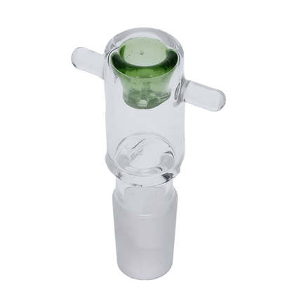 A close-up shows the green glass bowl of the Valiant Round Bowl with Nub & Honeycomb Screen, viewed from above.