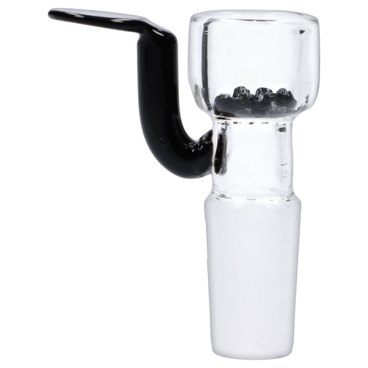 A close-up of the black Glass Bowl withLong Handle & Honeycomb Screen-14mm, showing its angled view and honeycomb filter inside the bowl.