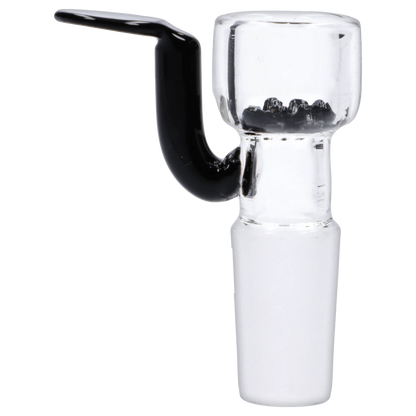 A close-up of the black Glass Bowl withLong Handle & Honeycomb Screen-14mm, showing its angled view and honeycomb filter inside the bowl.