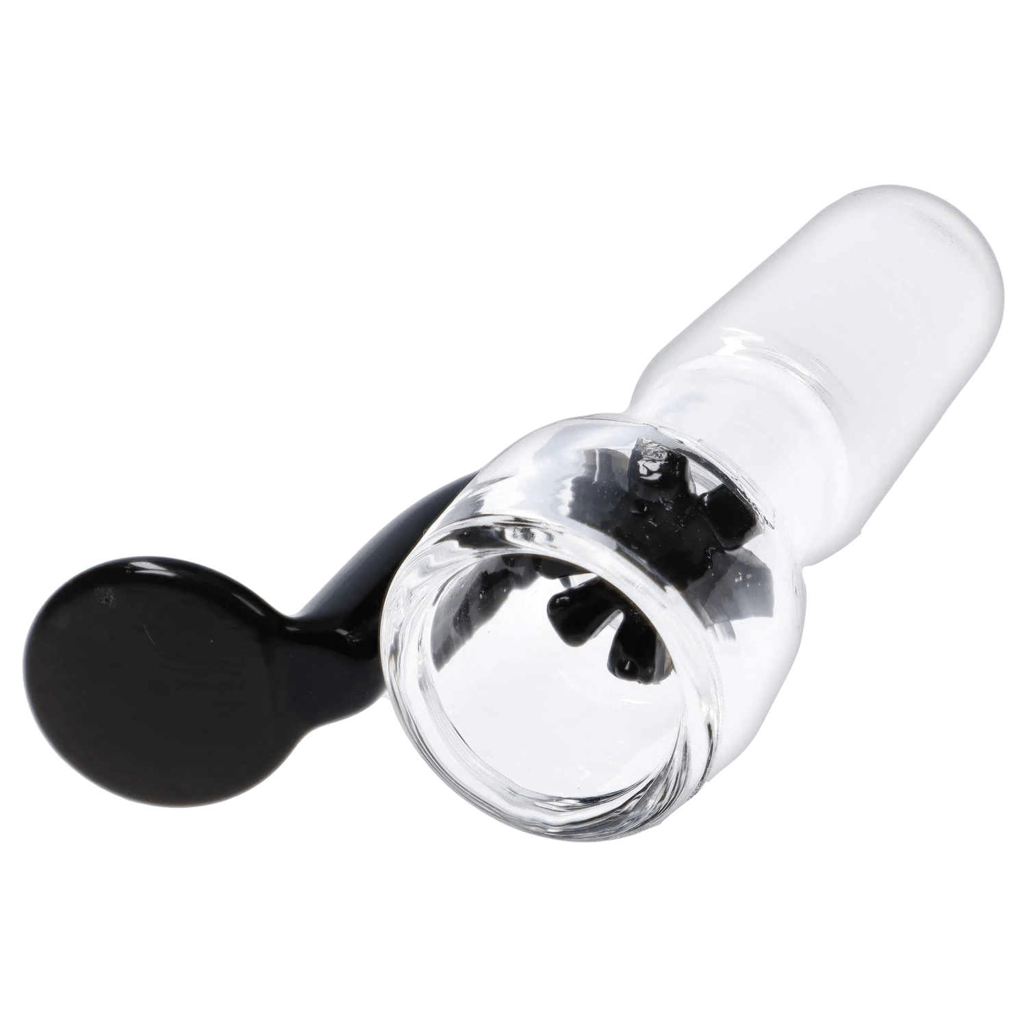 A close-up, angled view of the black Glass Bowl withLong Handle & Honeycomb Screen-Black-14mm, showcasing its honeycomb screen detail.