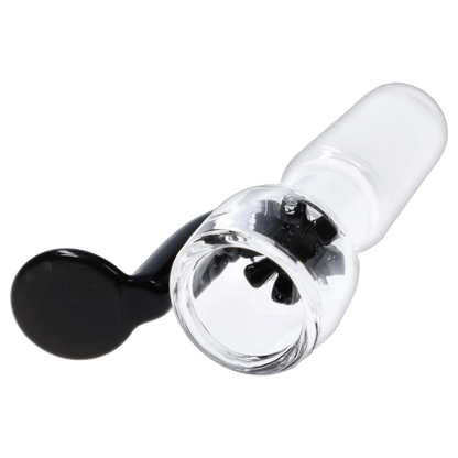 A close-up, angled view of the black Glass Bowl withLong Handle & Honeycomb Screen-Black-14mm, showcasing its honeycomb screen detail.