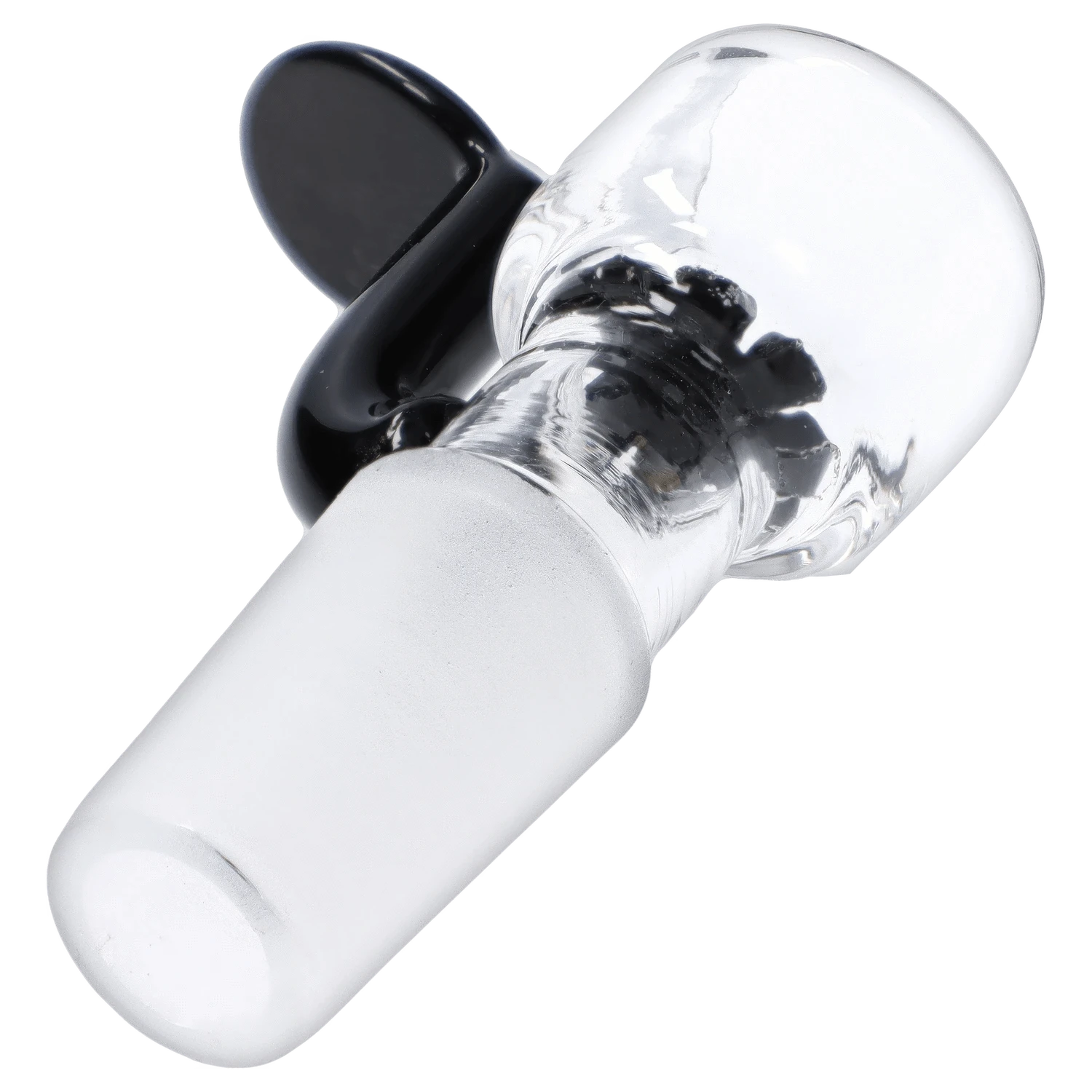 A close-up view of the black Glass Bowl withLong Handle & Honeycomb Screen-14mm, showing its smooth, curved shape and visible screen detail.