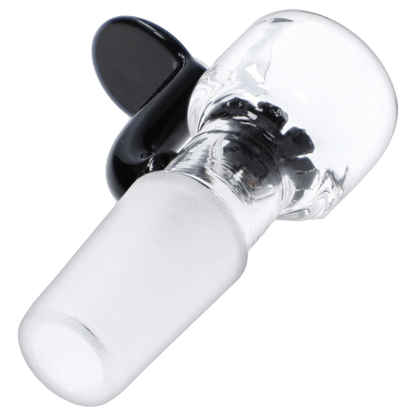 A close-up view of the black Glass Bowl withLong Handle & Honeycomb Screen-14mm, showing its smooth, curved shape and visible screen detail.