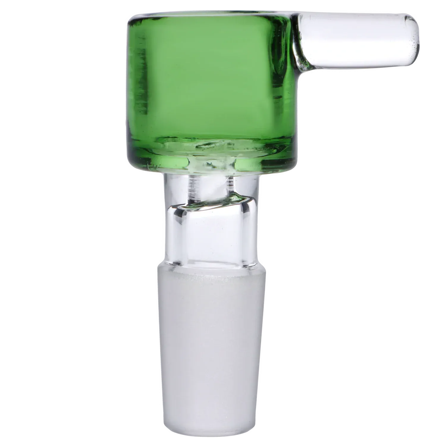 Close-up side view of the green Dopezilla Replacement Bowl - Green - Male 14mm showing the cylindrical green bowl top and clear glass joint against a white background.