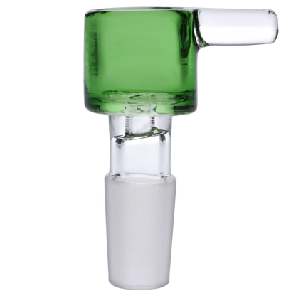 Close-up side view of the green Dopezilla Replacement Bowl - Green - Male 14mm showing the cylindrical green bowl top and clear glass joint against a white background.