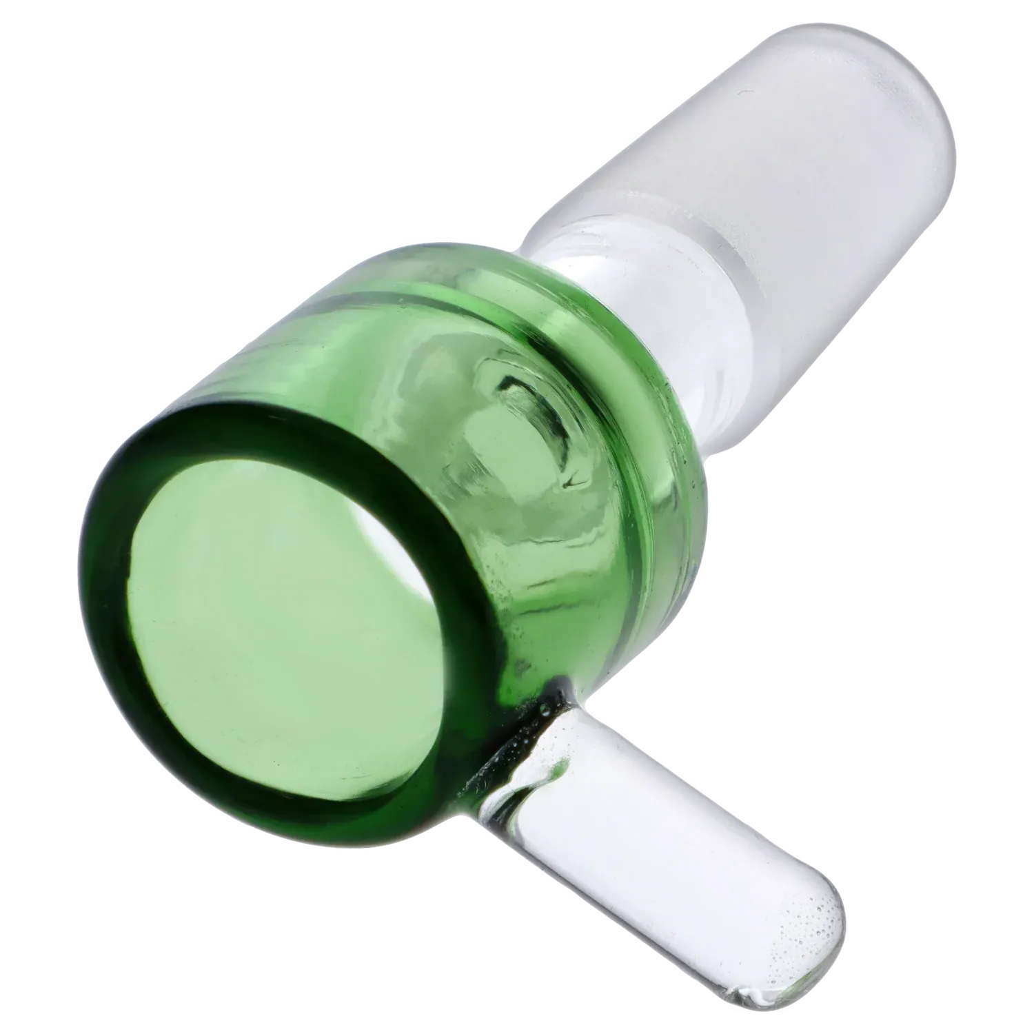 Close-up angled view of the green Dopezilla Replacement Bowl - Green - Male 14mm showing the glossy rounded bowl rim and frosted clear joint against a white background
