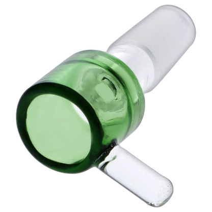 Close-up angled view of the green Dopezilla Replacement Bowl - Green - Male 14mm showing the glossy rounded bowl rim and frosted clear joint against a white background