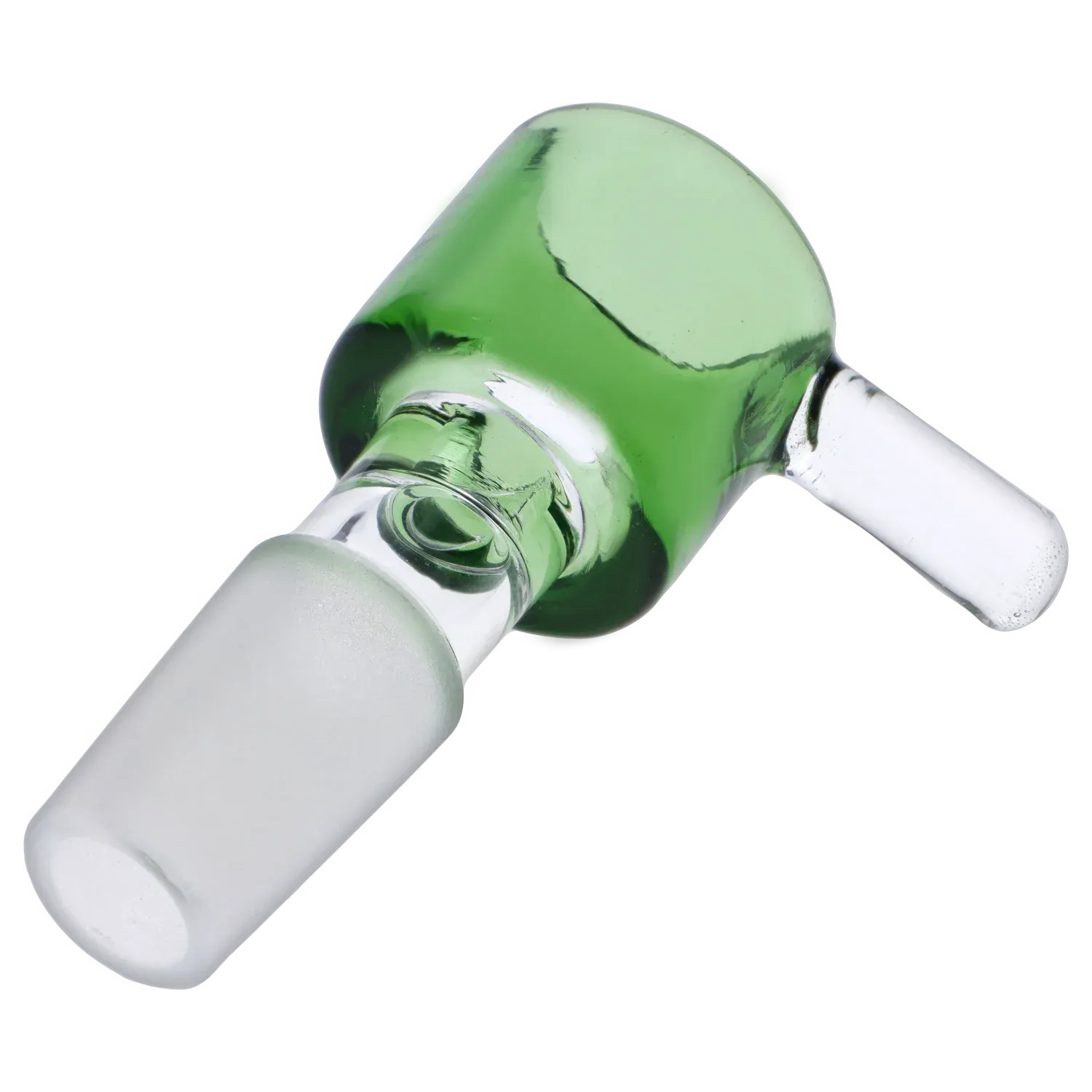 Angled close-up of the green Dopezilla Replacement Bowl - Green - Male 14mm showing the glass joint and side handle against a white background