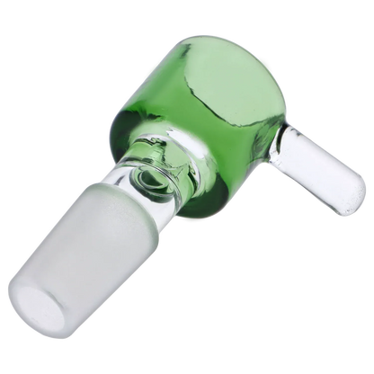 Angled close-up of the green Dopezilla Replacement Bowl - Green - Male 14mm showing the glass joint and side handle against a white background